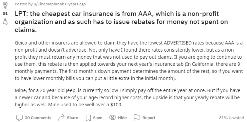 Reddit mention of AAA auto insurance quote savings