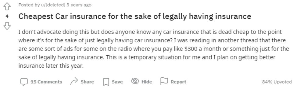 Reddit comment about pros and cons of liability-only coverage