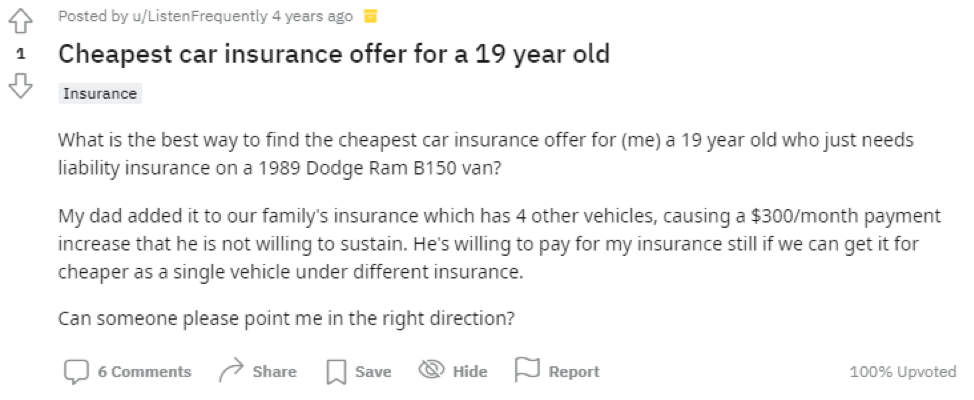 Reddit post about high rates for young drivers