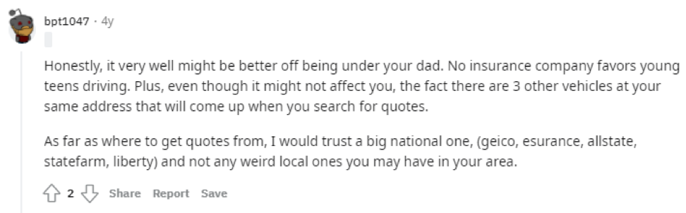 Reddit advice for teens to reduce premiums (family policy, safer cars, discounts)