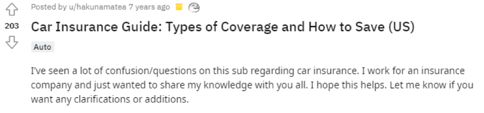 Reddit car insurance guide thread screenshot